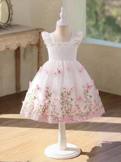 SHEIN Glamorique Kids Baby Girls' Elegant Graceful White Cap Sleeve Cap Sleeve Waist Cinching Cute Butterfly Detachable Embroidered Mesh Double-Layer Puff Skirt Dress