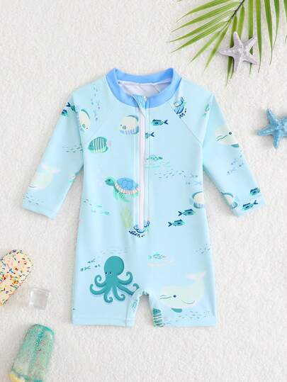 Áo tắm liền thân không tay, khóa kéo nửa thân trước, in hình động vật biển hoạt hình dành cho bé trai, kiểu dáng đi biển.