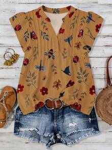 Linhara Plus Size Casual Floral & Insect Print Shirt - Brown - View 1