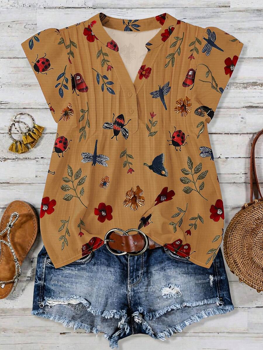 Linhara Plus Size Casual Floral & Insect Print Shirt - Brown - View 1