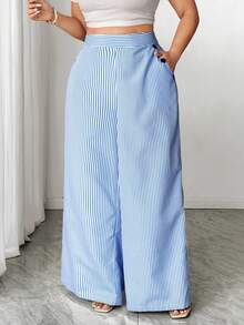 SHEIN Tall CURVE Quần dài nữ cỡ lớn kiểu Hàn Quốc thanh lịch mùa xuân/hè mới, họa tiết kẻ sọc xanh trắng, chất liệu vải lanh, cạp cao, dáng suông, rộng rãi, thoải mái. - Xanh và trắng - Xem 3
