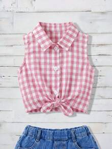 SHEIN Áo sơ mi ngắn tay kẻ sọc dệt kim kiểu dáng thường ngày dành cho bé gái - Hồng - Xem 6