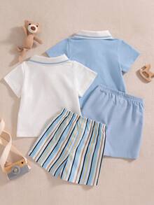 Souflis Souflis 4pcs Baby Boy Infant Toddler Newborn Casual Everyday Outing Gentleman Academy Style Polo Shirt Set, Blue Polo Shirt + White Polo Shirt + Shorts - Multicolor - View 4