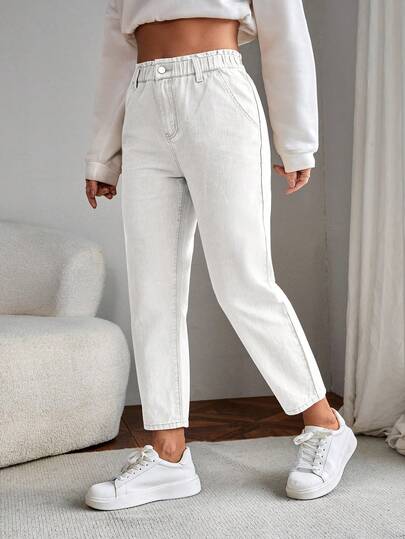 SHEIN Holidaya Quần jeans ống côn màu trơn, túi xéo, cỡ lớn, kiểu dáng thường ngày.