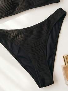Swim Mod 两件套女士沙滩装，时尚可爱性感度假沙滩泳池派对纯色纹理面料可调节细肩带超细比基尼上衣和下装泳衣套装 - 黑色 - 查看 5