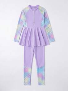SHEIN Tween Girls 可爱美人鱼鳞片印花拼色比基尼，适合游泳、海滩、冲浪、潜水、防晒泳装套装 - 紫色 - 查看 1