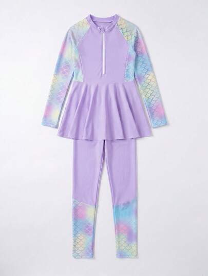 SHEIN Tween Girls 可爱美人鱼鳞片印花拼色比基尼，适合游泳、海滩、冲浪、潜水、防晒泳装套装