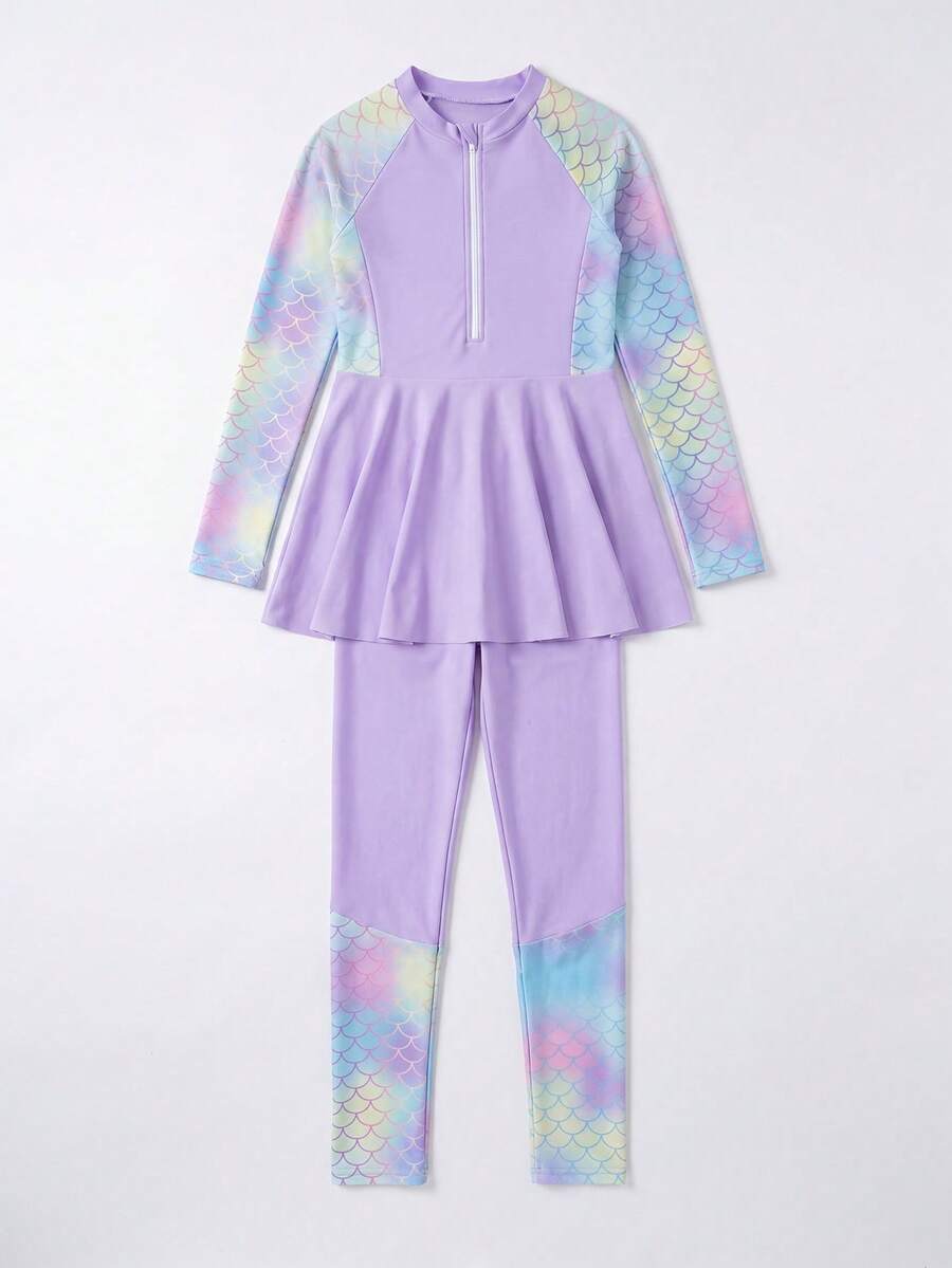 SHEIN Tween Girls 可爱美人鱼鳞片印花拼色比基尼,适合游泳、海滩、冲浪、潜水、防晒泳装套装 - 紫色 - 查看 1
