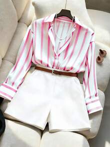 Conjunto de camisa holgada y fluida a rayas y pantalones cortos de talle alto en azul marino para mujer, conjunto de vestir minimalista y elegante para primavera/verano - Rosa - Ver 3