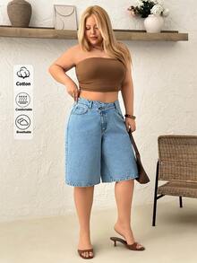 SHEIN Cottnline 100% bomull, hög midja med korsad midjeband, citylängd, ljusblå, korta shorts för semester och sommar - Mediumtvätt - Visa 1