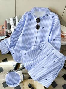 Resyla Conjunto casual de 2 piezas de camisa de rayas de una sola hilera y pantalones cortos para mujer - Multicolor - Ver 1