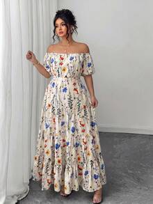 Elenzga Plusstorlek Elegant tryckt klänning med knytning, axlar och midja, axlarfri sommarklänning, sommarlång klänning, blommig elegant klänning, axlarfri blommig klänning, lång blommig klänning, axlarfri klänning, damklänning med axlar och blommig maxiklänning, klänningar för speciella tillfällen, blommiga klänningar, damklänningar - Aprikos - Visa 3