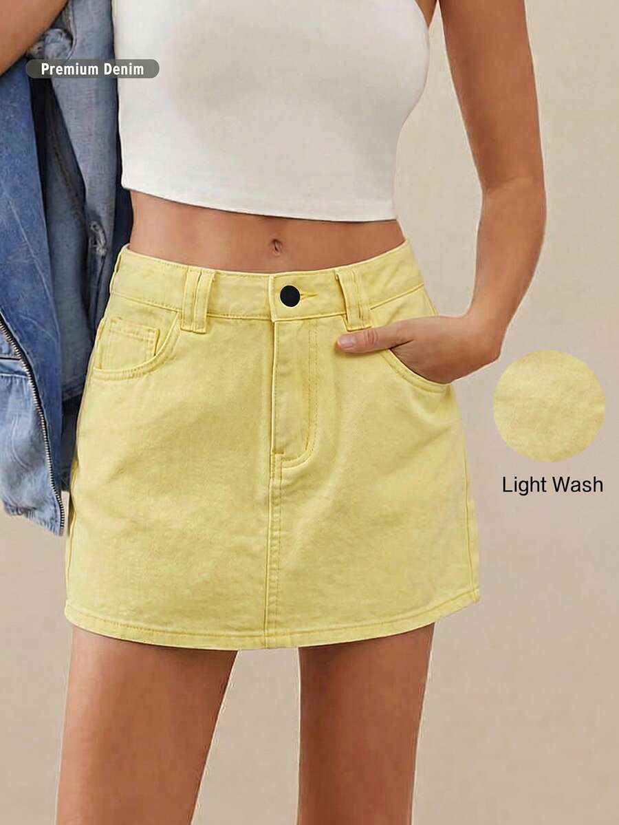 WESTFADE Chân váy mini denim cơ bản cao cấp, chất liệu 91% cotton. - Vàng nhạt - Xem 1