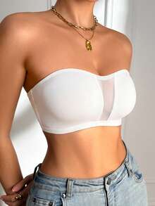 SHEIN White One-Shoulder Bandeau Bra, Strapless Lingerie, Mesh Patchwork Women's Bra - White - View 6