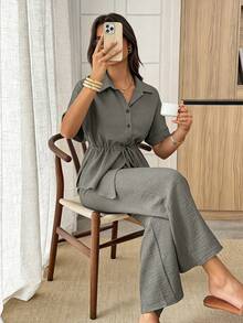 Elouméa Size Summer Casual Solid Color Drawstring Waist Shirt And Pants 2 Pieces Set - Mint Green - View 3