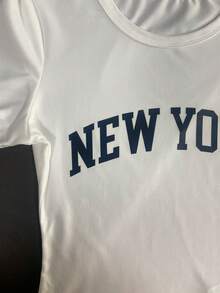 New York Letter Graphic Casual Short Sleeve Round Neck White T-Shirt, Summer - White - View 7