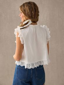 WESTFADE Blusa con escote en V, botones delanteros, mangas cortas con volantes y ribete de ojal - Blanco - Ver 2
