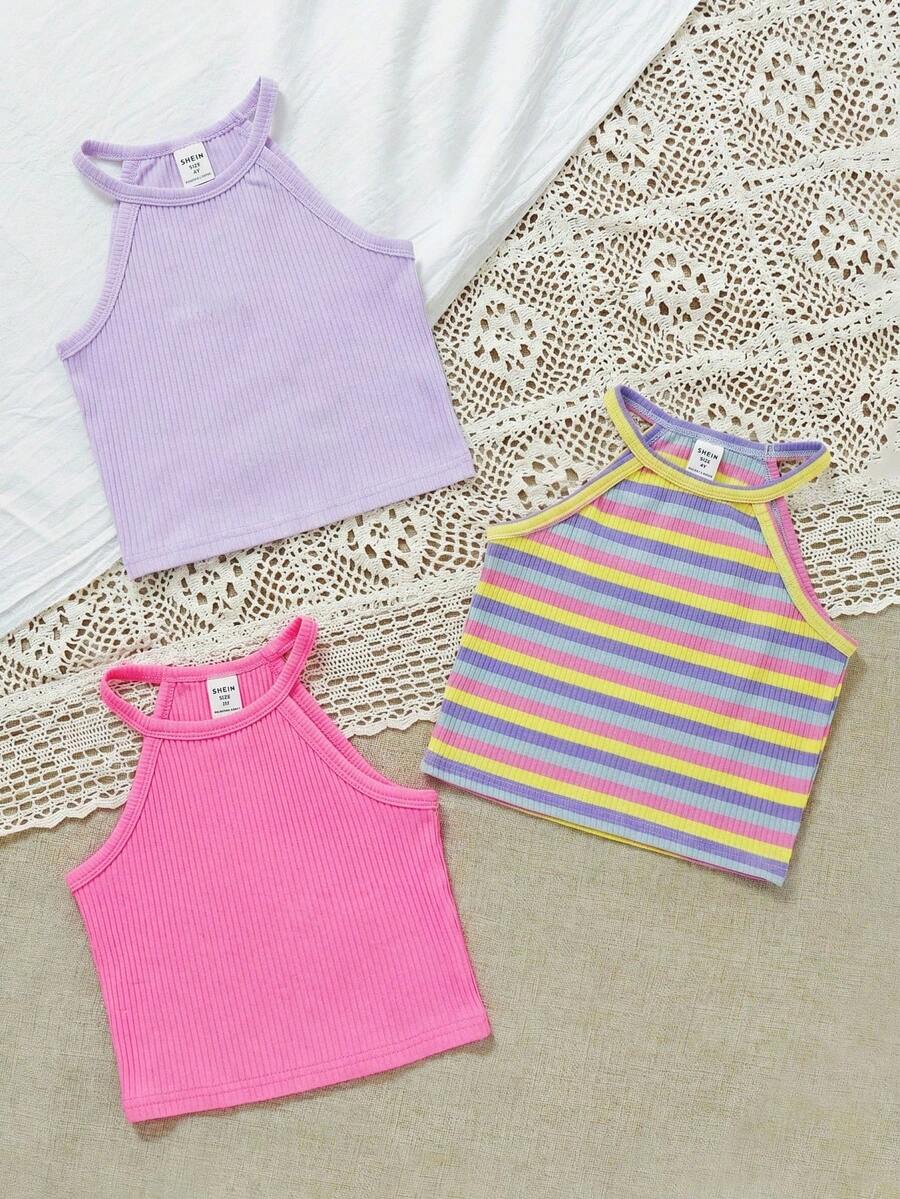 SHEIN Bộ 3 áo tank top gân sọc phong cách thường ngày cho bé gái, thích hợp đi nghỉ mát. - Nhiều màu - Xem 1