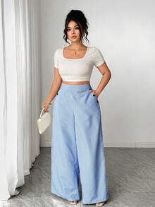 SHEIN Tall CURVE Quần dài nữ cỡ lớn kiểu Hàn Quốc thanh lịch mùa xuân/hè mới, họa tiết kẻ sọc xanh trắng, chất liệu vải lanh, cạp cao, dáng suông, rộng rãi, thoải mái. - Xanh và trắng - Xem 7