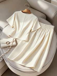 GlowEve CURVE Plus Size Elegant Office Wear 2 Pieces Set: Blouse And Skirt, Summer - Apricot - View 2