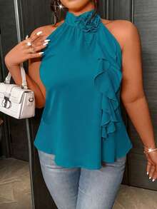 Rometta Plus Size Summer Elegant 3D Floral Ruffle Neck Blouse For New Year Clothes - Green - View 8