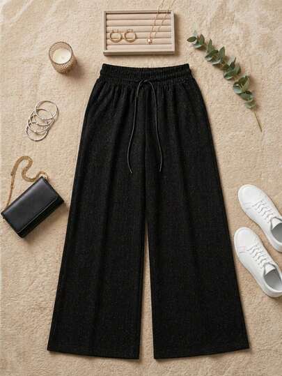 Pantalón de pierna ancha para mujer, diseño escarchado, elegante y casual, tela con diseño escarchado de poliéster, algodón y elastano, apto para temporadas de primavera y verano, bolsillos funcionales, ajuste de cintura natural con resorte y cordón, con pequeña y elegante pedrería artificial y decorativa. Suave, fresco y ligero.