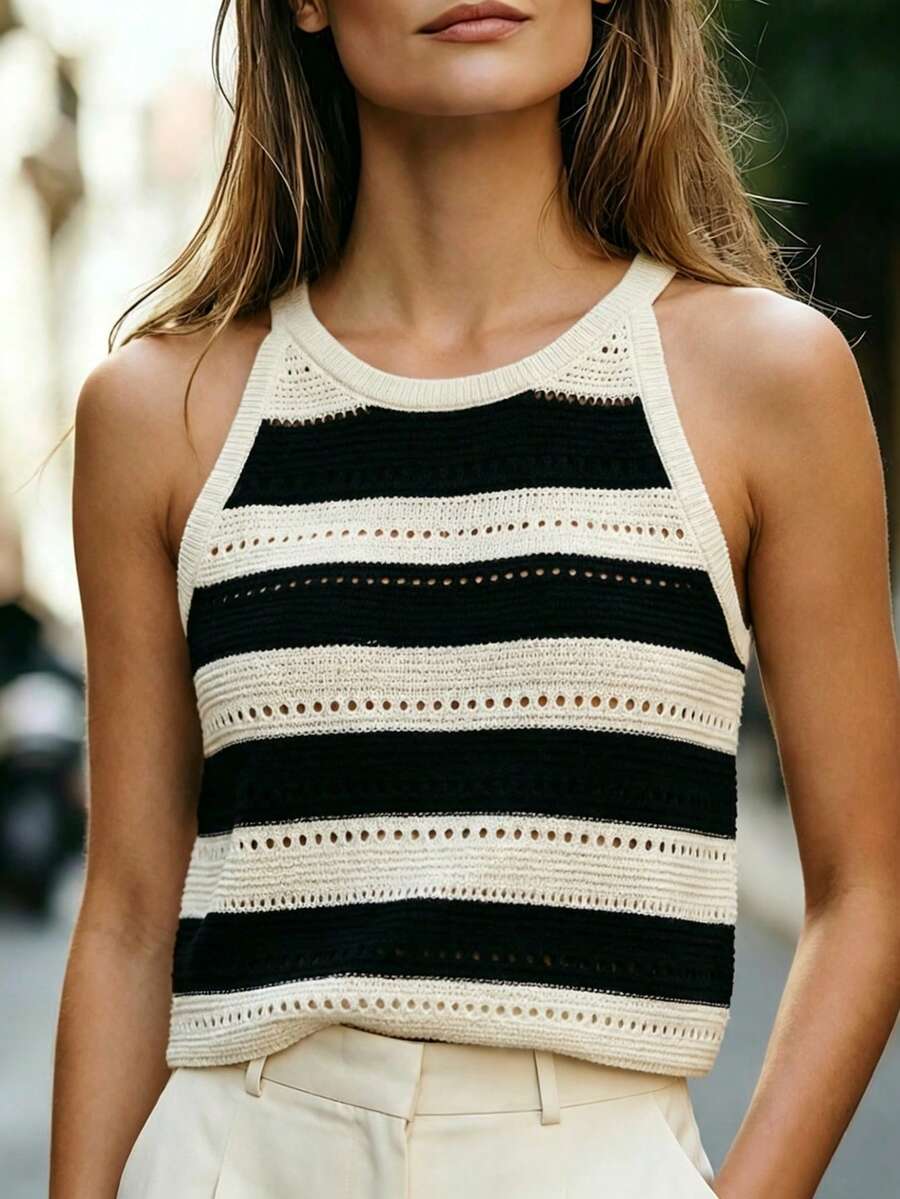 Franclia Áo vest dệt kim cổ yếm kẻ sọc đen trắng kiểu Pháp cho nữ, thiết kế khoét rỗng độc đáo, áo không tay phong cách Hàn Quốc cho kỳ nghỉ. - màu đen - Xem 1