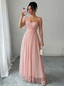 SHEIN Elenzya Đầm chữ A không tay, chất liệu lưới, cổ yếm, thắt nơ ở eo, kiểu dáng thanh lịch và lãng mạn, phù hợp cho đám cưới, tiệc tùng và các buổi họp mặt. - Màu Hồng  San hô - Xem 5