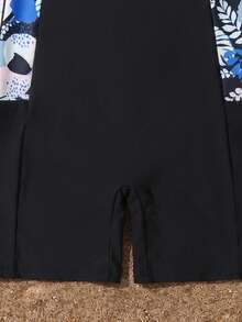 SHEIN Tween Girls Colorful Printed Patchwork Short Sleeve One-Piece Swimsuit Summer Holiday - Black - View 3