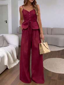 Conjunto casual de 2 piezas para mujer con camisola de un solo pecho con cinturón y pantalones de pierna ancha de unicolor - Burdeos - Ver 4