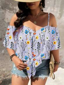 EMERY ROSE Áo sơ mi cỡ lớn thời trang, phong cách retro, họa tiết hoa, trễ vai, thắt nơ phía trước. - Màu tím hoa cà - Xem 7