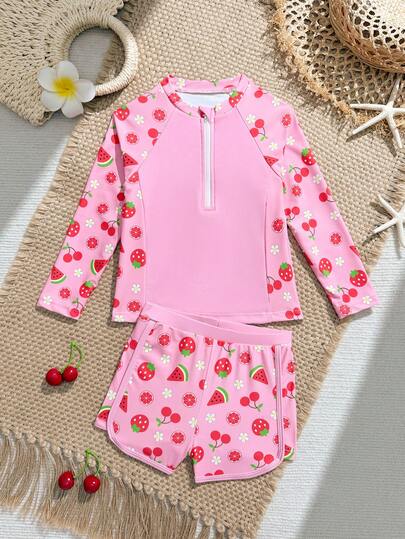 Đồ bơi Tankini tay lỡ họa tiết hoa quả và trái cây cho bé gái mùa hè
