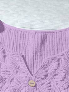 SHEIN LUNE CURVE Plus Size Casual Solid Color Lace Patchwork Shirt - Purple - View 6