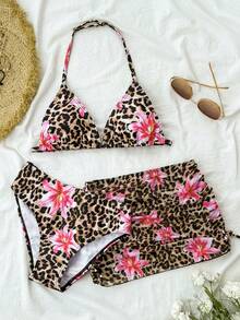 Bộ bikini 3 mảnh dành cho thiếu nữ, gồm áo tắm dệt kim họa tiết hoa và da báo, kèm váy che ngoài, kiểu dáng thời trang, thanh lịch, thoải mái, phù hợp cho bơi lội, kỳ nghỉ hè, trang phục mùa hè cho thiếu nữ, bộ đồ bơi hai mảnh dành cho thiếu nữ, bộ đồ bơi đi biển, đồ bơi in hình động vật, bikini họa tiết da báo, bộ đồ bơi hai mảnh in hình da báo. - Nhiều màu - Xem 1
