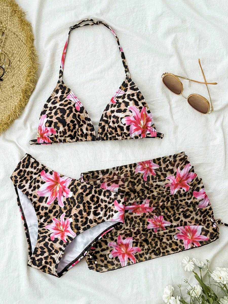 Bộ bikini 3 mảnh dành cho thiếu nữ, gồm áo tắm dệt kim họa tiết hoa và da báo, kèm váy che ngoài, kiểu dáng thời trang, thanh lịch, thoải mái, phù hợp cho bơi lội, kỳ nghỉ hè, trang phục mùa hè cho thiếu nữ, bộ đồ bơi hai mảnh dành cho thiếu nữ, bộ đồ bơi đi biển, đồ bơi in hình động vật, bikini họa tiết da báo, bộ đồ bơi hai mảnh in hình da báo. - Nhiều màu - Xem 1