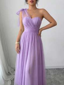 SHEIN Elenzya Đầm chữ A không tay, chất liệu lưới, cổ yếm, thắt nơ ở eo, kiểu dáng thanh lịch và lãng mạn, phù hợp cho đám cưới, tiệc tùng và các buổi họp mặt. - Màu tím hoa cà - Xem 6