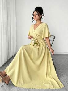SHEIN LUNE CURVE 大码女士优雅度假休闲新款V领宽松袖连衣裙 - 淡黃色 - 查看 7