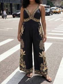 CAJUNI Chic Vacation Golden Embroidery Jumpsuit - Black - View 4