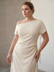 MOTF PREMIUM PLUS SIZE ELEGANT ASYMMETRICAL NECK WOMEN LONG DRESS - Apricot - View 6