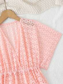 SHEIN Tween Girls' Swimsuit Cover-Up,Pink,Summer,Tropical,Beach,Vacation,Holiday Dress-Style Hollow Textured Waist-Cinching Ruffle Solid Swimwear Coverup - Pink - View 3