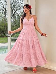 SHEIN Clasi 随机碎花大码女式度假连衣裙，黄色底，饰以小碎花图案，吊带V领荷叶边设计，收腰设计凸显身材，适合海滩、花园派对、休闲聚会、度假、观光等场合，面料舒适，款式独特，性价比高。 - 粉色 - 查看 4