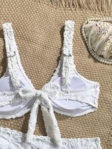 Swim Mod Damen Sommerurlaub Strand Outfit, zufälliges weißes spezielles Stoff dicke Träger Bikini Zweiteiler Badeanzug - Weiss - Übersicht 8