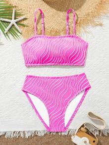 Tween Girl Fashion Casual Pink Bikini 2 Pieces Set, Suitable For Summer Beach Vacation, Swimming, Travel - Hot Pink - View 1