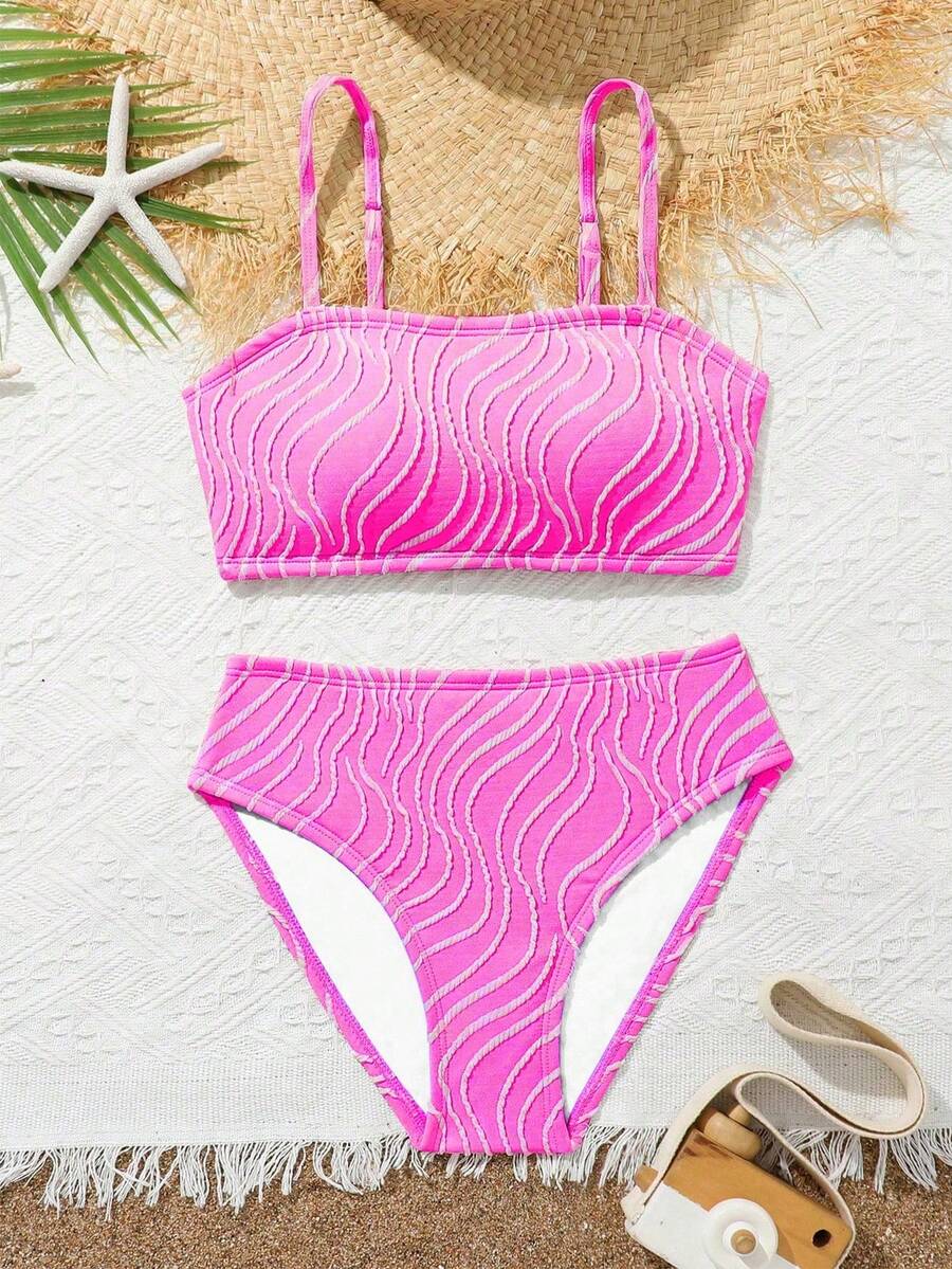 Tween Girl Fashion Casual Pink Bikini 2 Pieces Set, Suitable For Summer Beach Vacation, Swimming, Travel - Hot Pink - View 1