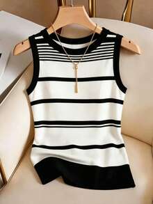 Airaco Áo tank top nữ mùa hè, kiểu dáng thoải mái, họa tiết sọc tương phản, phù hợp cho kỳ nghỉ và đi làm. - Nhiều màu - Xem 3