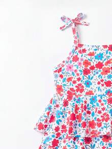 SHEIN Young Girls Flower Print Spaghetti Strap Tied-Front Top And Bottom Swimwear 2 Pieces Set - Multicolor - View 3