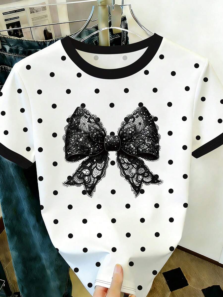 EMERY ROSE Polka Dot Bow Decor Round Neck Short Sleeve Fashionable Plus Size T-Shirt - Multicolor - View 1