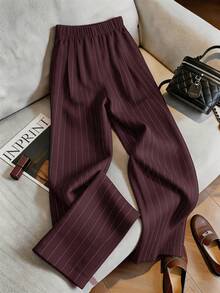 Franclia Women's Casual Versatile Fashion New Striped Print Pleated Loose Wide Leg Pants - Burgundy - View 2