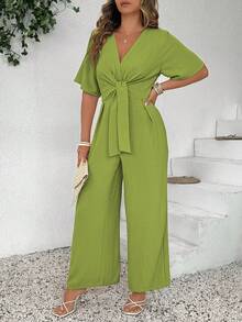 Rometta Bộ jumpsuit cỡ lớn thời trang, phong cách retro, cổ chữ V, thắt eo. - Màu xanh Ô liu - Xem 4