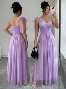 SHEIN Elenzya Đầm chữ A không tay, chất liệu lưới, cổ yếm, thắt nơ ở eo, kiểu dáng thanh lịch và lãng mạn, phù hợp cho đám cưới, tiệc tùng và các buổi họp mặt. - Màu tím hoa cà - Xem 3